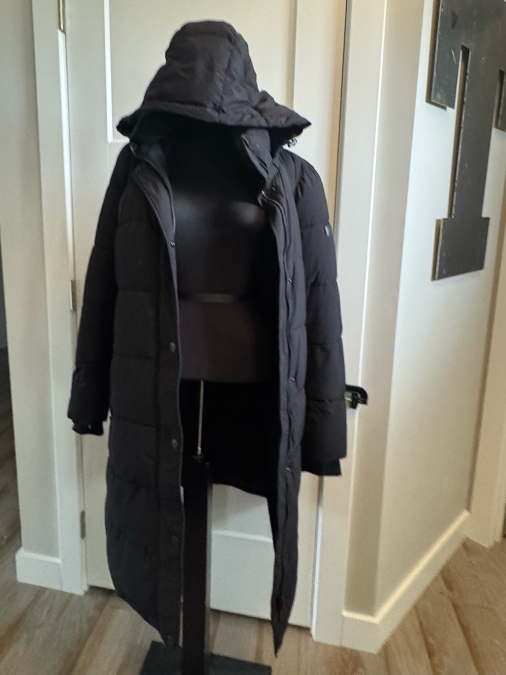 DKNY Black Long Hooded Puffer Coat